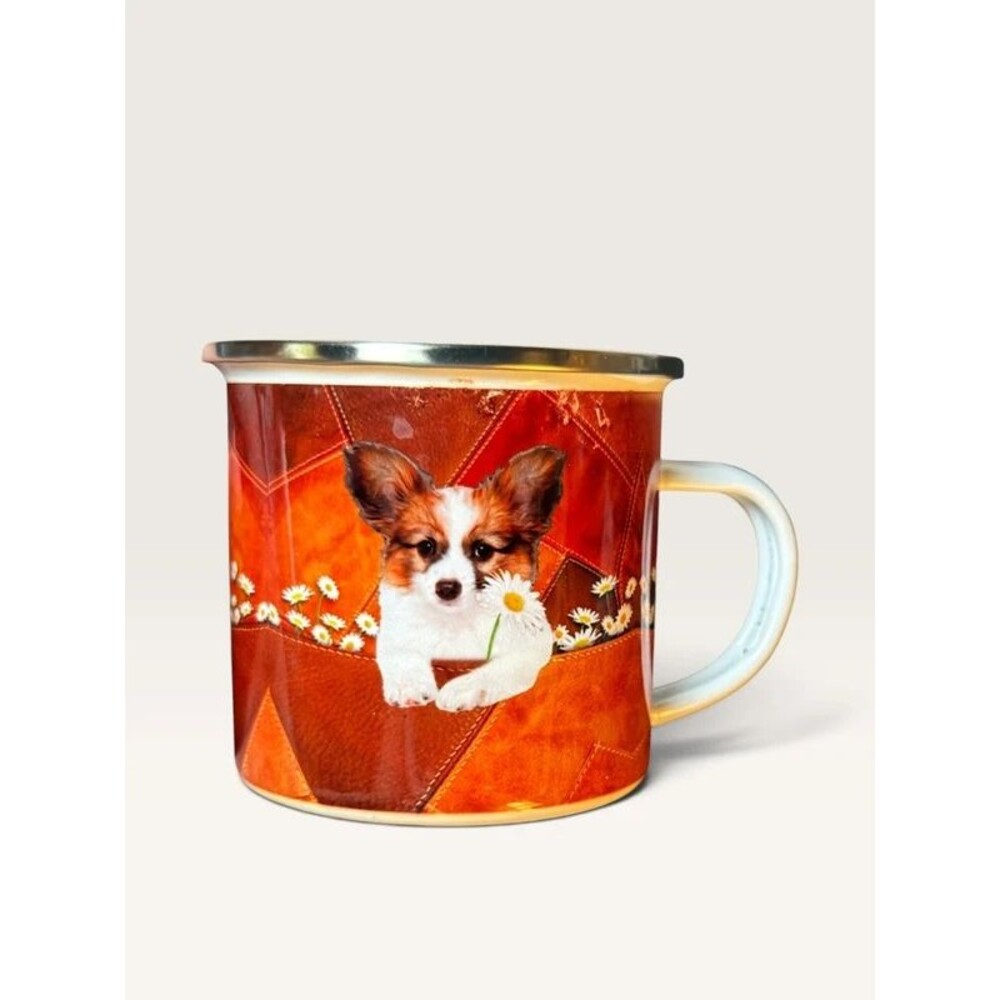 Papillon Puppy Camp Mug Metal Enamel Coffee Cup Leather Print Dog Lover Gift